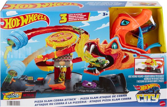 Verpakking Hot Wheels City Cobra Slam Pizza Attack. De verpakking toont de racebaan met cobra, pizzatoren en auto's.