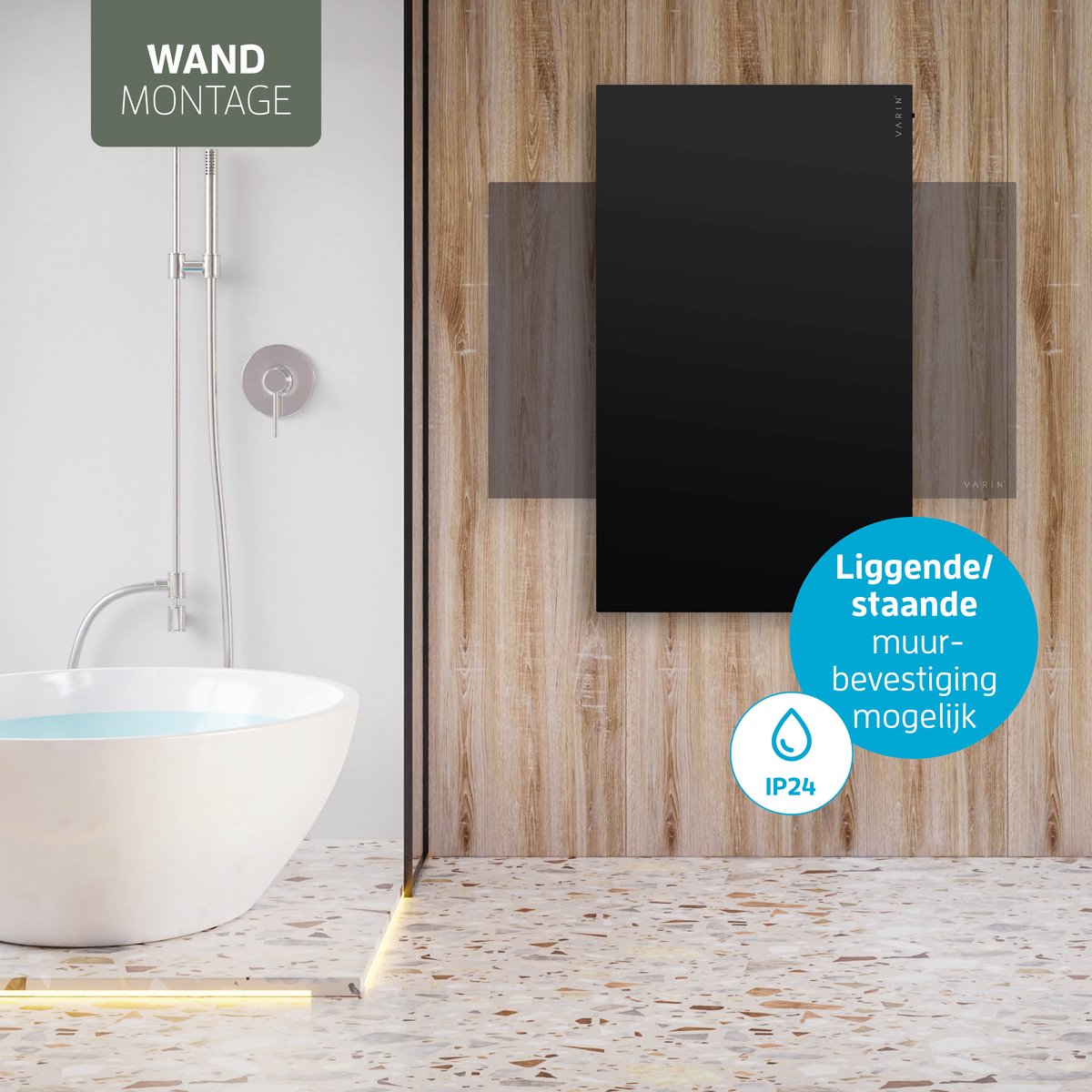 Varin® Smart Design Infrarood verwarmingspaneel - 600W - 100x60cm - Zwart glas - IP24 - Met thermostaat - Wandmontage of verrijdbaar - Elektrische verwarming - Infrarood paneel verplaatsbaar - Kachel - Heater bureau - Terrasverwarmer - Tuya Wifi – foto 3