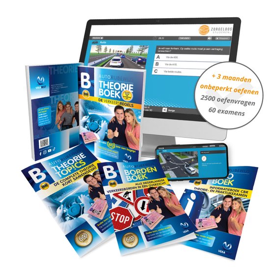 Rijbewijs theorieboek, oefenexamens, computer met navigatie en mobiele telefoon met verkeersinstructies.