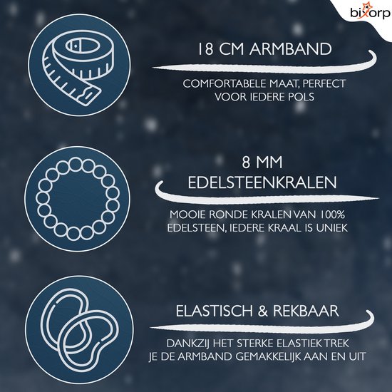 Informatie over de armband: 18cm, 8mm edelsteenkralen, elastisch & rekbaar.
