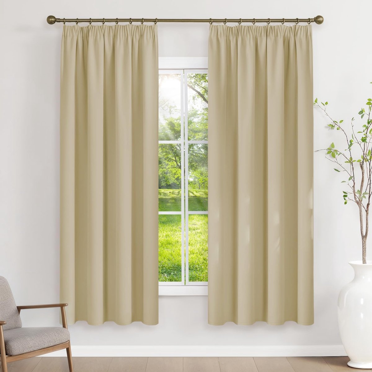 Gordijnen, Thermisch Isolerend, 140x175(BxH) Set van 2 met Plooiband, Anti Kou en Hitte, Ondoorzichtige Gordijnen Anti UV, Decoratie voor Slaapkamer, Woonkamer, Beige