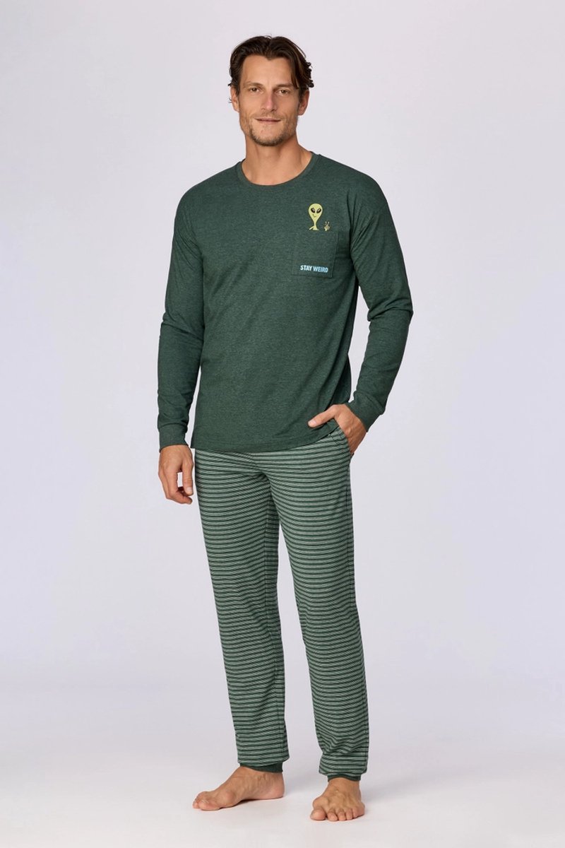 Woody pyjama heren - donkergroen - 'Stay weird' - 262-10-QTR-Z/789 - maat L