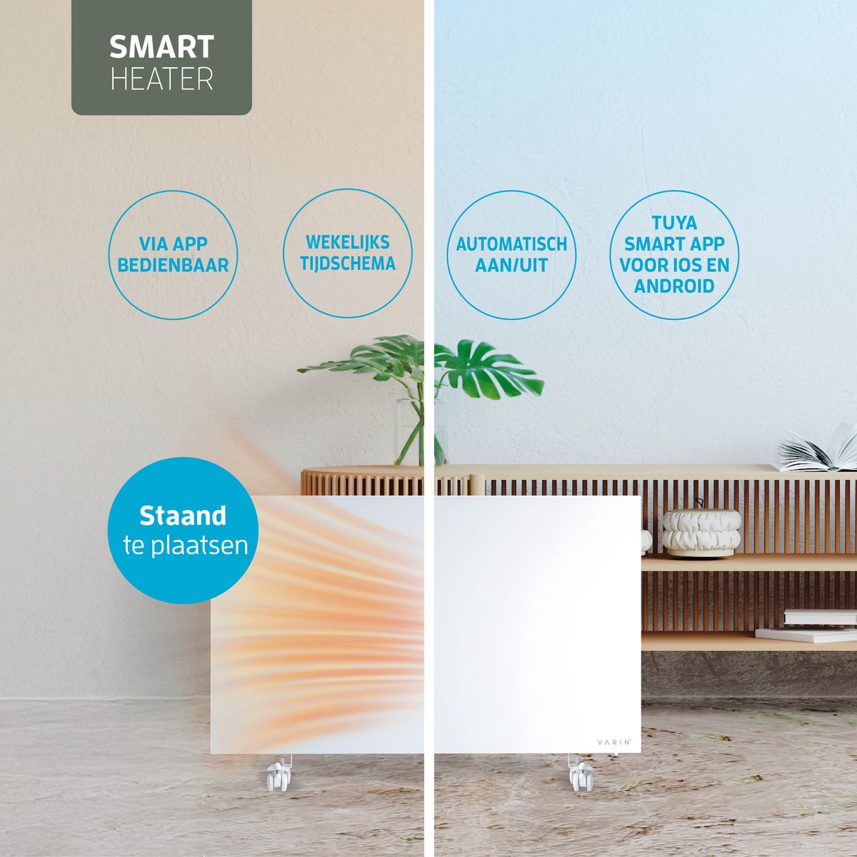 Varin® Smart Design Infrarood verwarmingspaneel - 600W - 100x60cm - Helder wit glas - IP24 - Met thermostaat - Wandmontage of verrijdbaar - Elektrische verwarming - Infrarood paneel verplaatsbaar - Kachel - Heater bureau - Terrasverwarmer - Tuya Wifi – foto 2