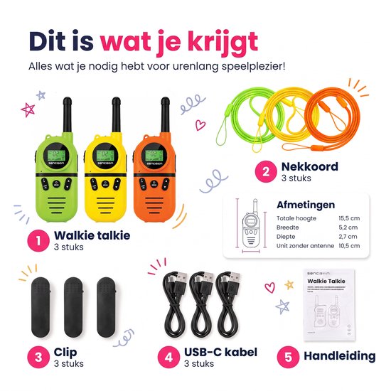 Inhoud van de verpakking: 3 Sencision walkie talkies in groen, geel en oranje, 3 nekkoorden, 3 clips, 3 USB-C kabels en een handleiding.
