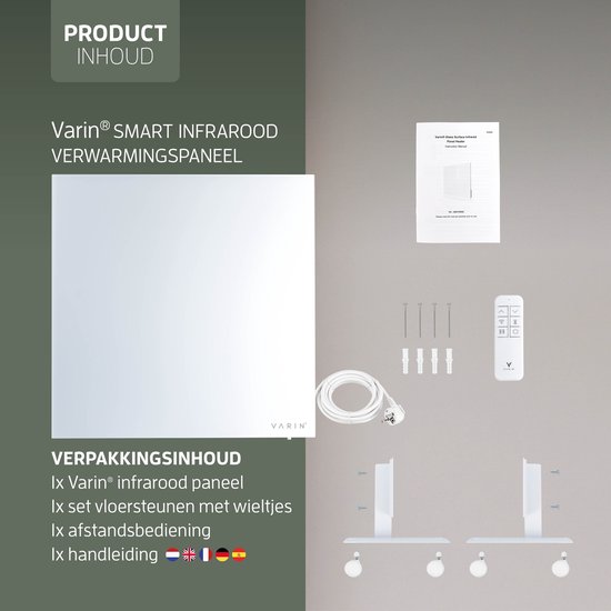 Inhoud van de verpakking: Varín infrarood paneel, vloerbeugels met wieltjes, afstandsbediening en handleiding.
