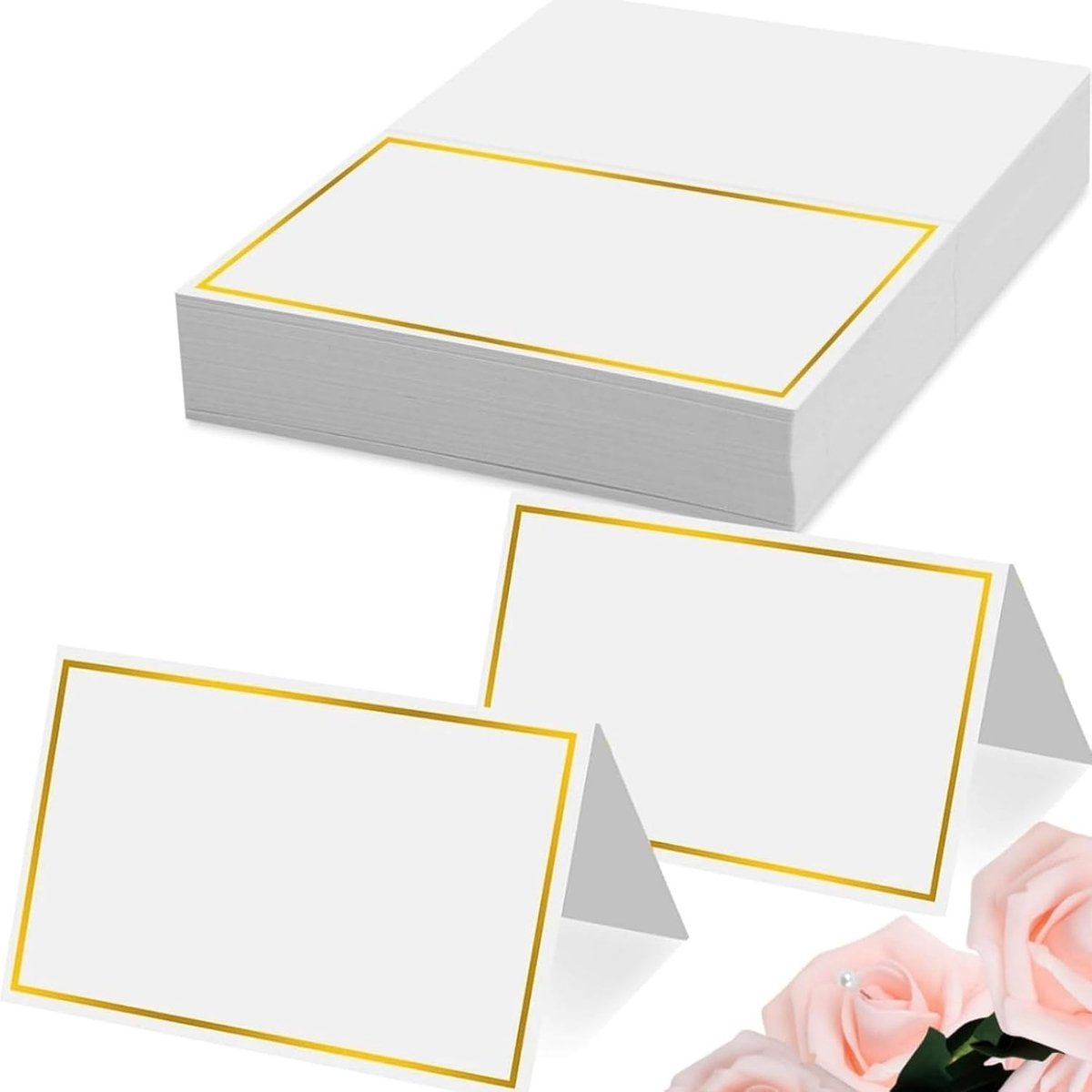 KZQ 100 Stuks Luxe naamkaartjes met bladgoudrand - tafelkaartjes - opvouwbare gidskaartjes - elegante naamkaartjes geschikt voor bruiloften, banketten en allerlei soorten evenementen