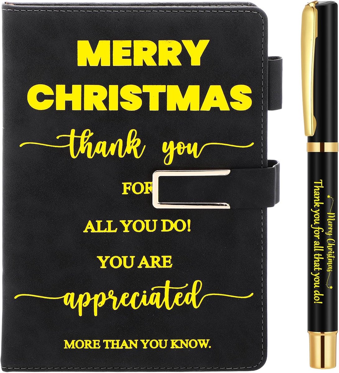 Kerst werknemer waardering dank u geschenken notebook en pen set kerst lederen notebook motiverende balpennen verlaten geschenk spiraal notitieblokken voor collega's, vrienden, collega (zwart)