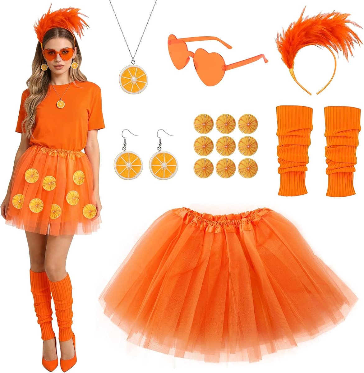 tutu dameskostuum, carnavalskostuums, oorbellen, halsketting en hoofdband, warmteoverdracht stickers, manchetten en oranje tule rok, zonnebril in hartvorm
