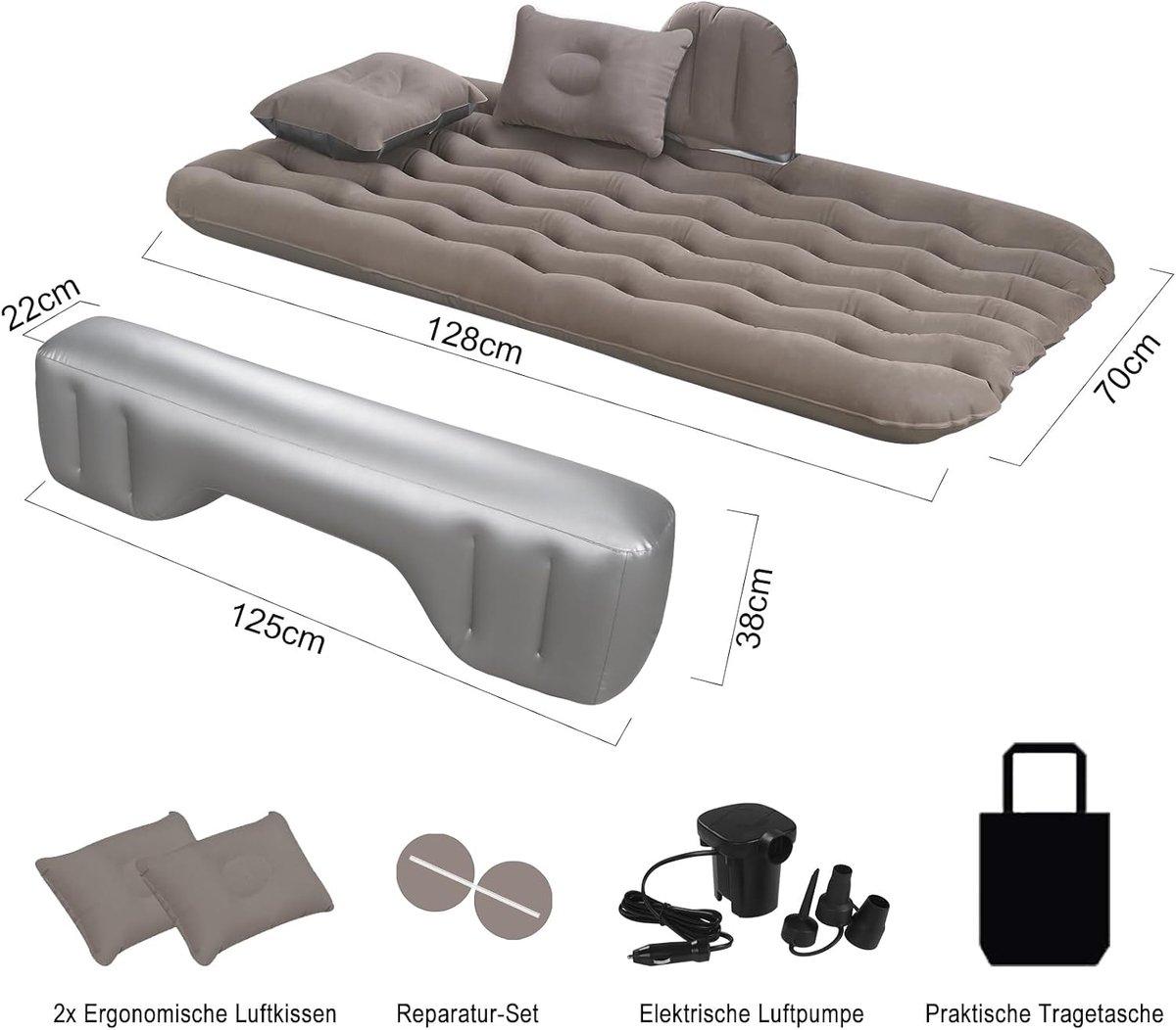 Luchtmatras voor auto, 128 x 70 cm, opblaasbaar matras voor achterbank en kofferbak, draagbaar autoreisbedje inclusief 2 kussens, dikkere bootmatras voor kamperen, reizen en outdoor, grijs