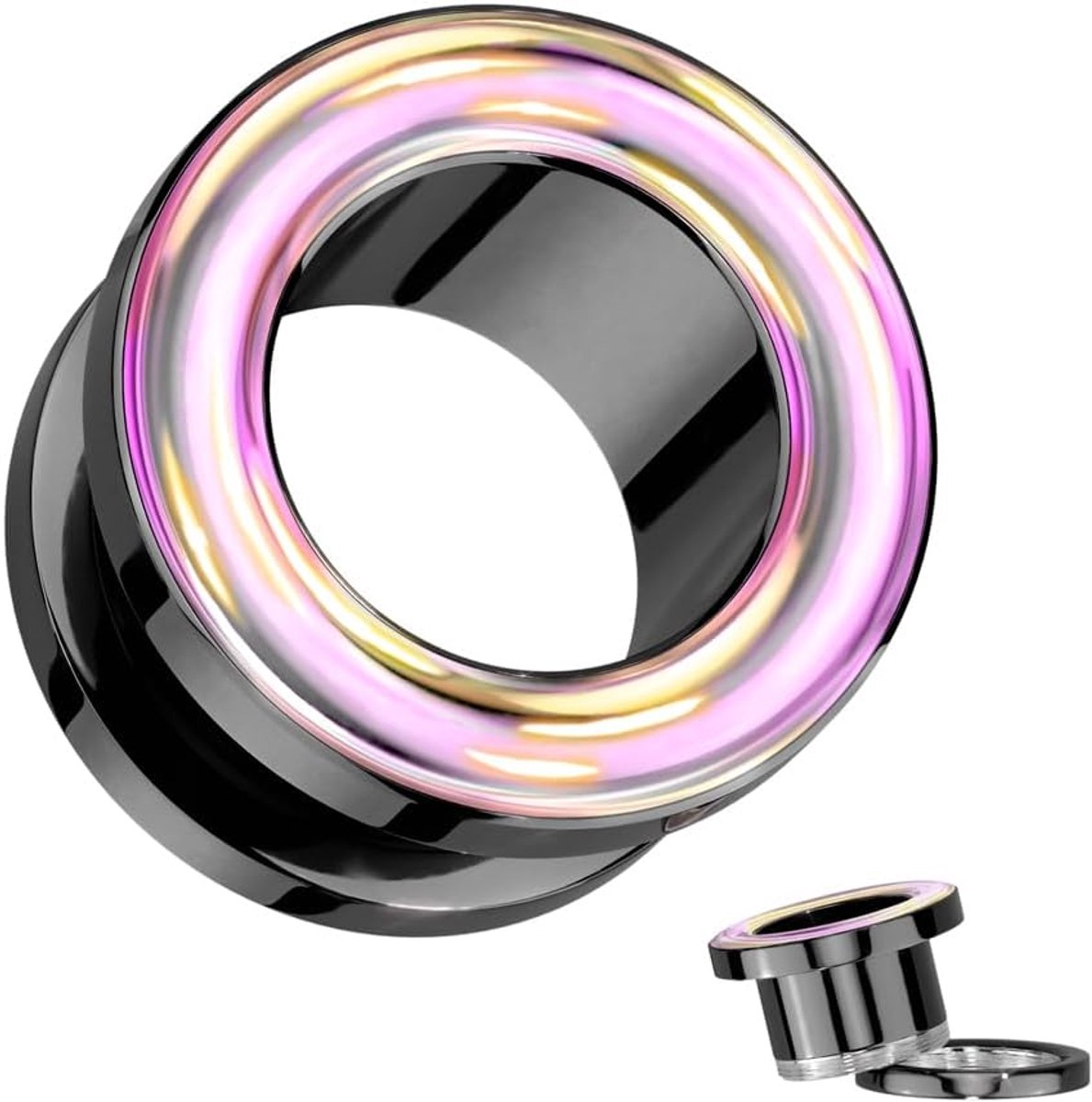 zwart, roze, hangende rand, chirurgisch staal, oorpiercing, oorsieraden, plug, schroefsluiting, 8-16 mm