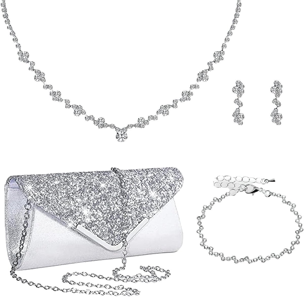 strass, 4-delig, sieradenset en clutch voor bruiloft, gala, avond, feest