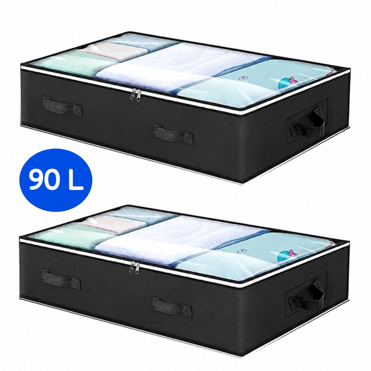 Flintry 2-Delige Set Opbergtassen/-Dozen Voor Kleding – 90 L– Verhuisdozen Voor Kleding, Jurken, Beddengoed–Voorzien Van Deksel, Handgrepen En Transparant Venster- Zwart (100 X 50 X 18 Cm)
