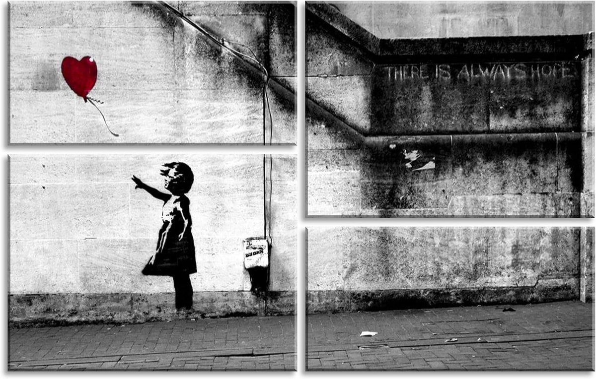 Painting Canvas Foto's en kunstdrukken op canvas, There Is Always Hope Rode Ballon Meisje Schilderij Decoratie Muur Decoratie voor Slaapkamer Woonkamer Kamer Badkamer Home 4 stuks/Set 20 x 40 cm