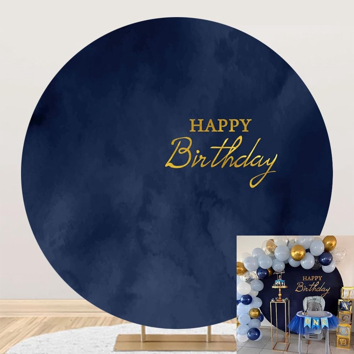 180 cm Diameter Gelukkige Verjaardag Ronde Achtergrond Donker Marineblauw Abstracte Aquarel Fotografie Achtergrond Kinderen Verjaardagsfeestje Decor Benodigdheden Volwassenen Portret