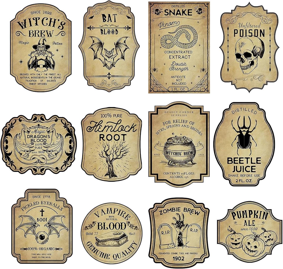36 stuks Halloween wijnflessen, etiketten, wijnetiket, 12 stijlen, bruine etiketten, wijnflessen, champagne, etikettenstickers, Halloween stickers