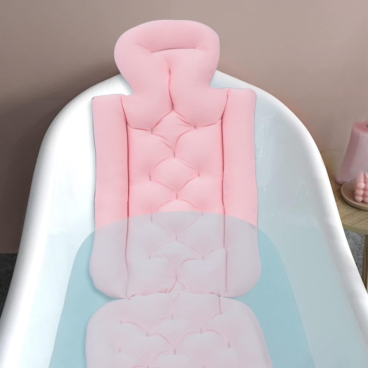 Badkussen voor het hele lichaam, rugsteun, ademend, afneembaar, wasbare badkuipaccessoires voor volwassenen, voorkomt uitglijden, badkussen met sterke zuignappen voor hoofd, nek (roze)