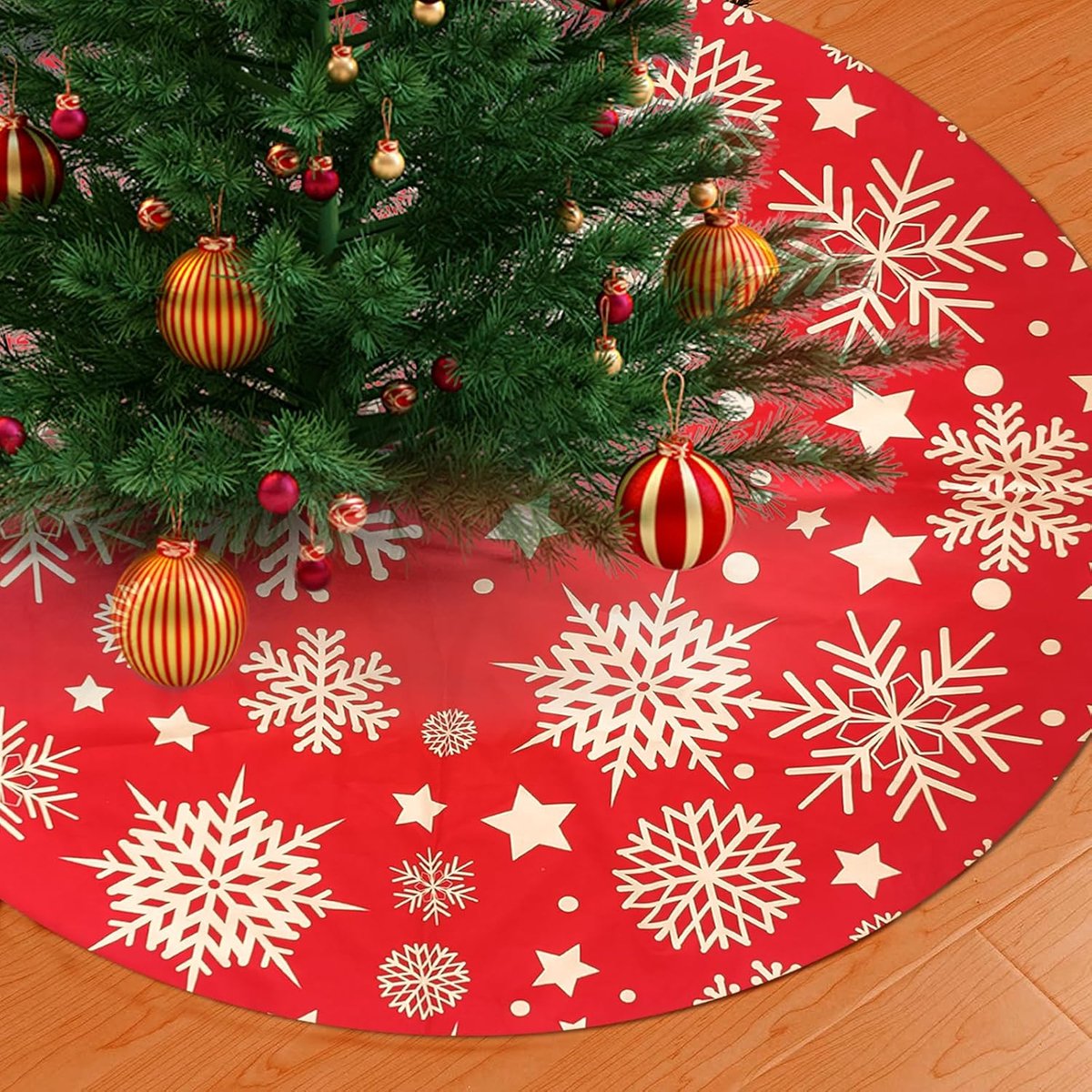 kerstboomdeken, rond, kerstboomrok, sneeuwvlokken, ster, boomrok voor thuis, kerstfeest, kerstboomdecoratie, 90 cm, rood