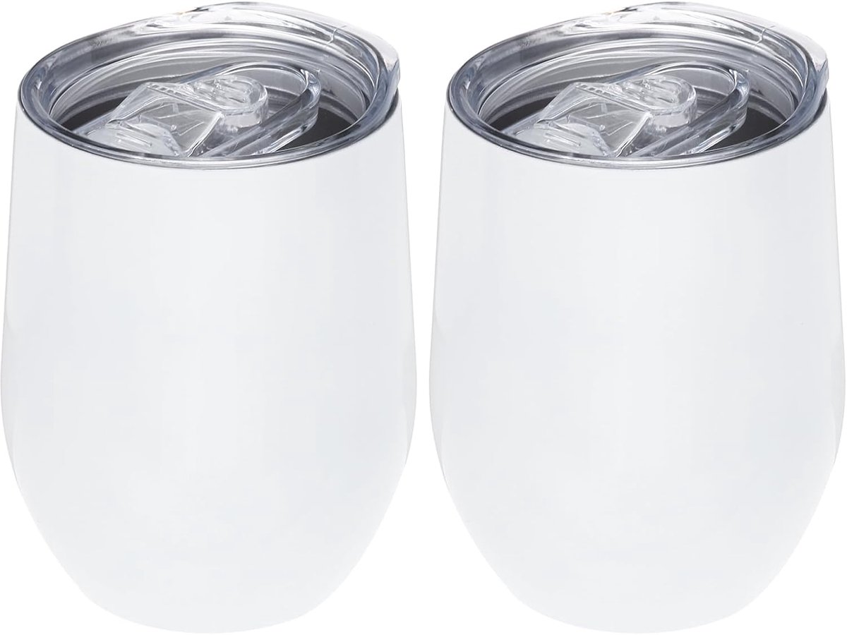 12 oz sublimatie blanks glitter wijnbeker mokken, 2 stuks roestvrijstalen dubbelwandige geïsoleerde sublimatiekopjes met deksel voor wijn koffie cocktails, wit
