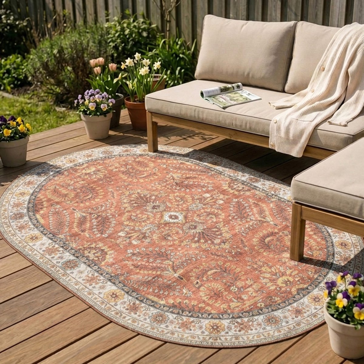 FRAAI Ovaal vintage buitenkleed - Santo Flora Terracotta - 160x230cm