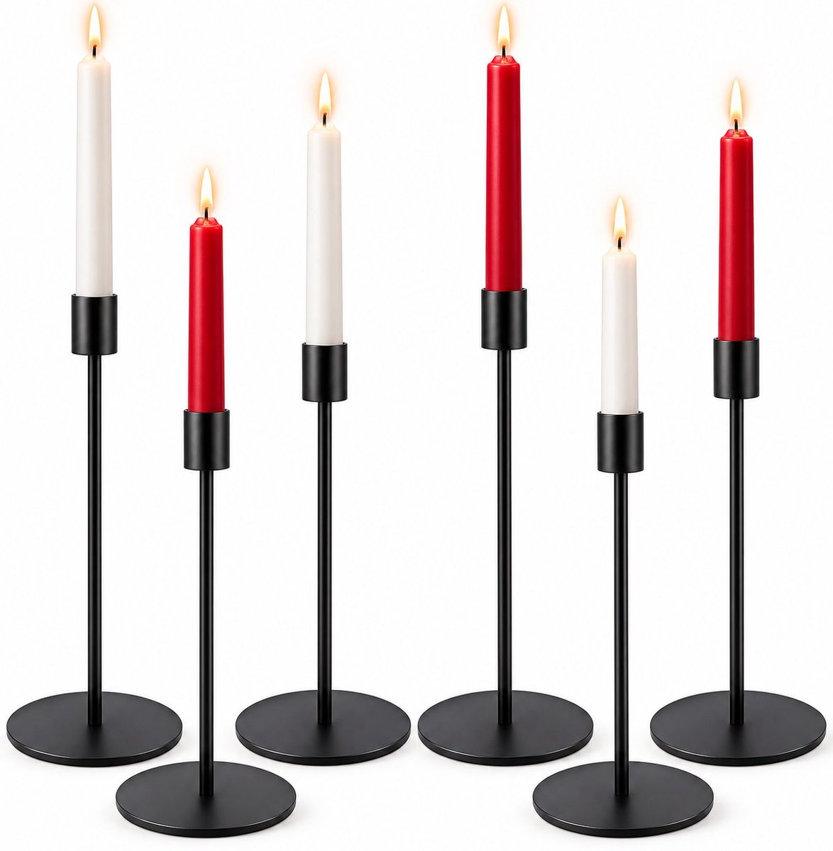 R&H® Set van 6 Zwarte Metalen Kandelaars - Vintage Stokkaars Houder 2,2 cm - 3 Hoogtes (22,3/27,2/32,1 cm) - Decoratief voor Bruiloft, Diner en Woonkamer