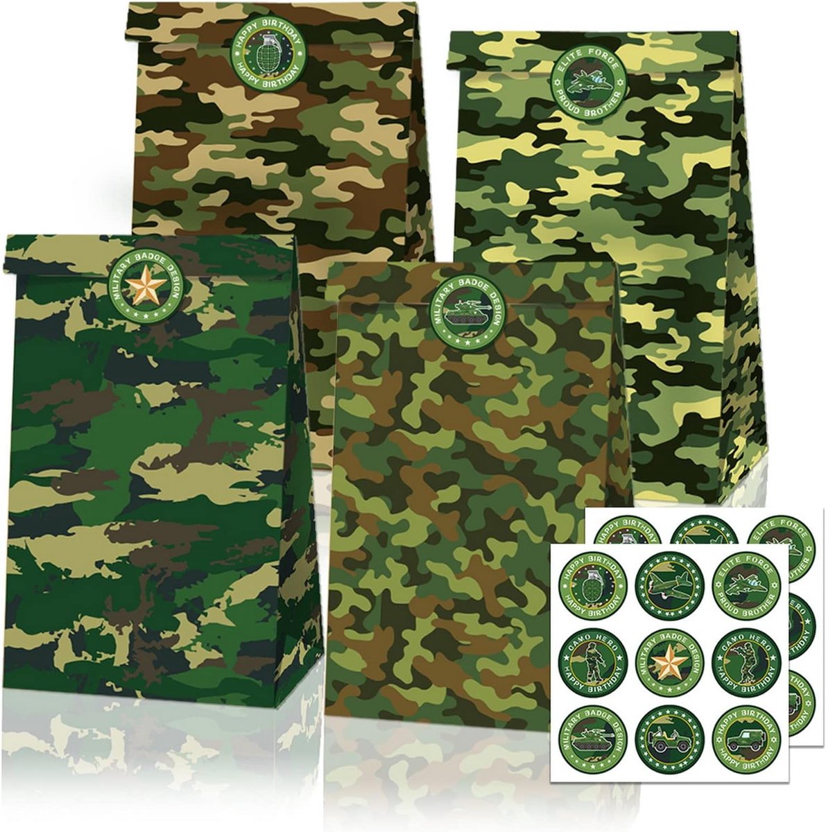 12 stuks camouflage-cadeauzakjes, camouflage-feestaccessoires, camouflage-feestzakjes, groene papieren zakken voor kinderen, snoepzakjes voor verjaardag