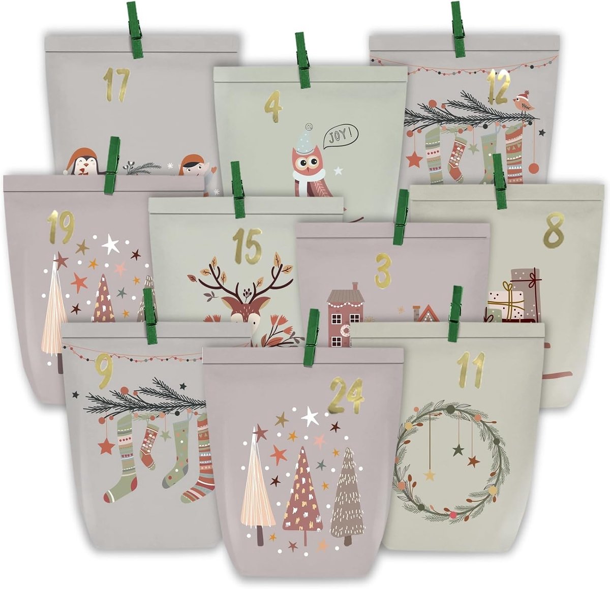 Adventskalender - Kleurrijk Groen - 16 x 6 x 22 cm - Papieren Zakjes om Zelf te Knutselen - Voor Iedereen