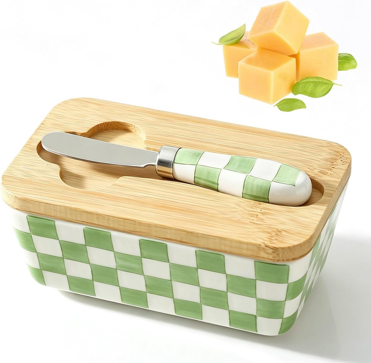 Botervloot keramiek met mes en houten deksel (B)