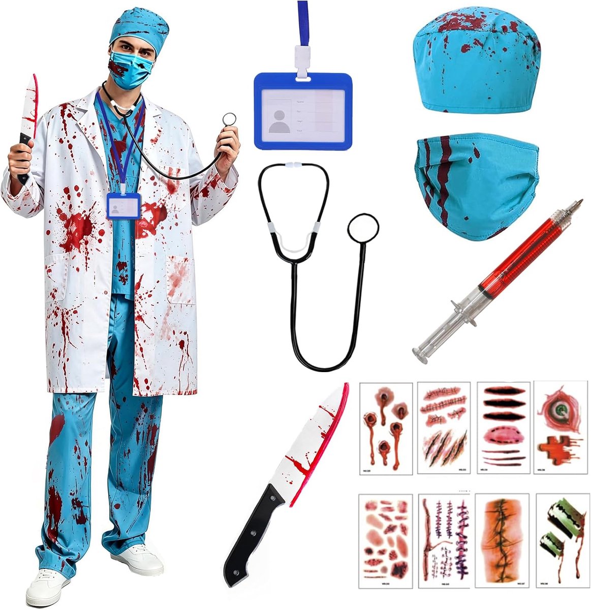 Dokterskostuum voor heren, horror, chirurg, halloweenkostuum voor heren, bloedige dokterskostuum, set met doktersjas, operationsmuts, masker, stethoscoop, nepmes, spuit pen voor Halloween