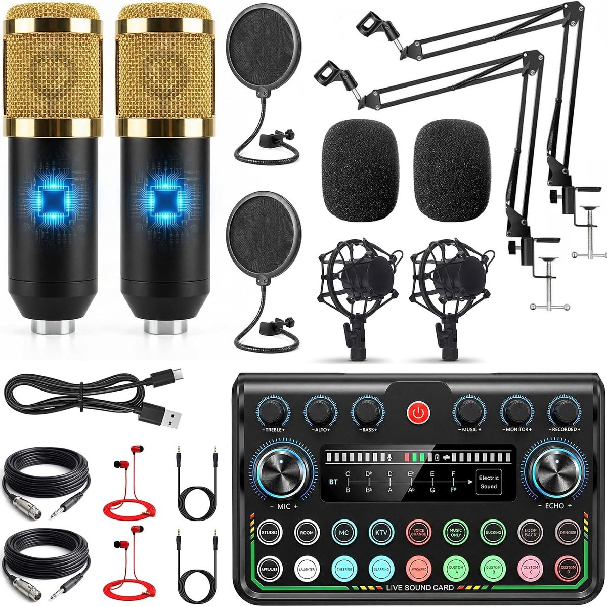 Equipment Bundle Podcast Microfoonset, mixer-kit met live geluidskaart, voor streaming, zanging, podcasting recording, compatibel met telefoon, pc, laptop