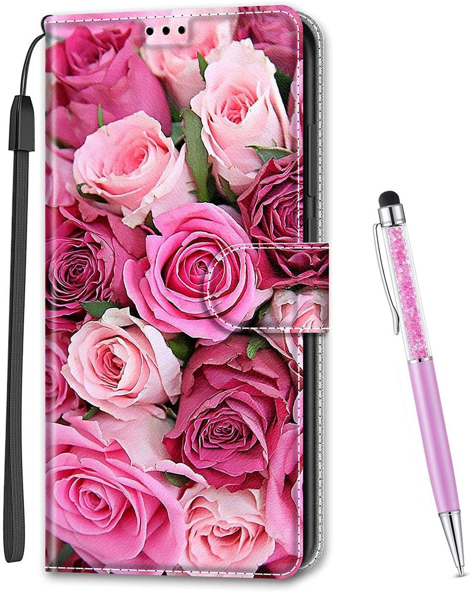 Hoesje voor iPhone 14, lederen Flip beschermhoes met kaartsleuf en portemonnee Standfunctie Magnetisch Stylus voor iPhone 14 (Roze B)