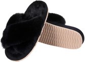 Olanly - Sloffen - Dames slippers - Nep-schapenvacht slippers - Open schoenen - zwart - 38/39 - Geschikt voor een voetlengte van 25,9cm