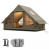 Norvikx Opblaasbare Kampeertent 3-4 Personen - 300x210x200 cm - Luxe Opblaastent met Luchtframe & Handpomp - Waterafstotend 300D Oxford & PVC Kuipzeil - Dubbele Deur, Klamboe Gaasramen & Schoorsteenopening - Legergroen