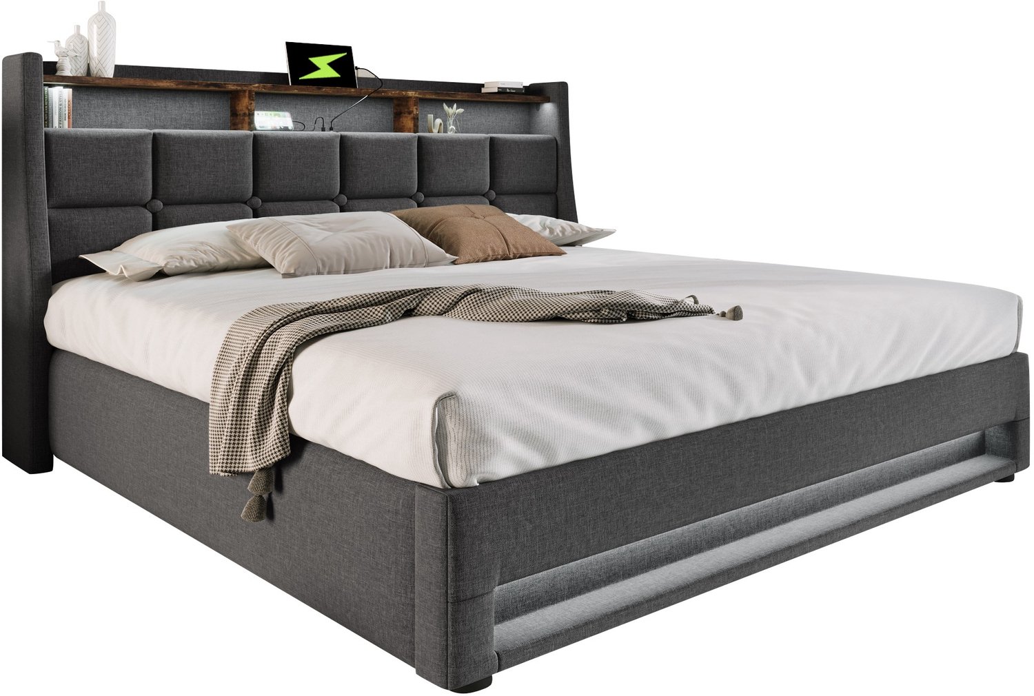 Welltin Gestoffeerd bed 160x200 - Opbergruimte met gasveren - LED-verlichting en USB-aansluiting - Grijs