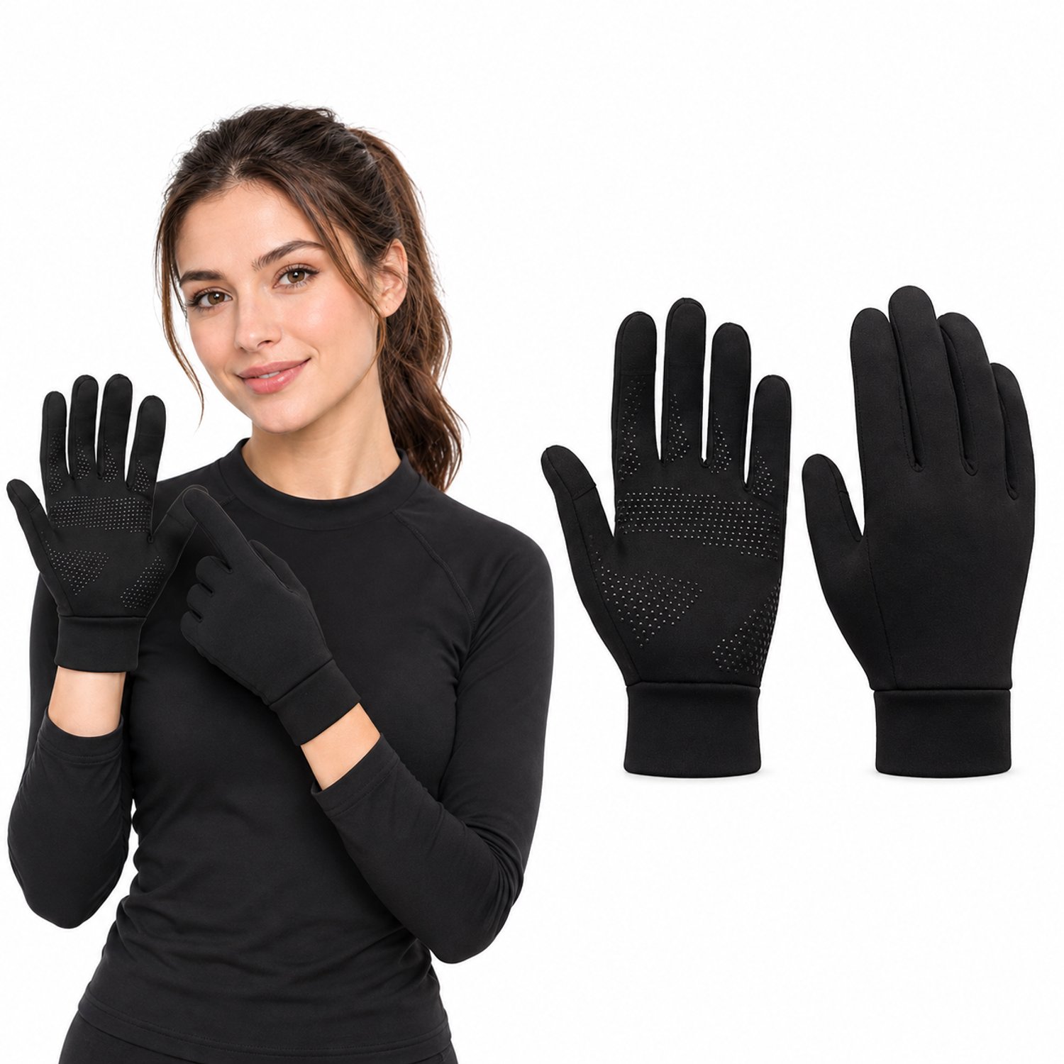 1 paar zwarte warme winterhandschoenen – Zie afbeelding voor maatreferentie Antislip ontwerp met volledige vingers Antislip handschoenen Unisex Geschikt voor buitenactiviteiten hardlopen autorijden en fietsen