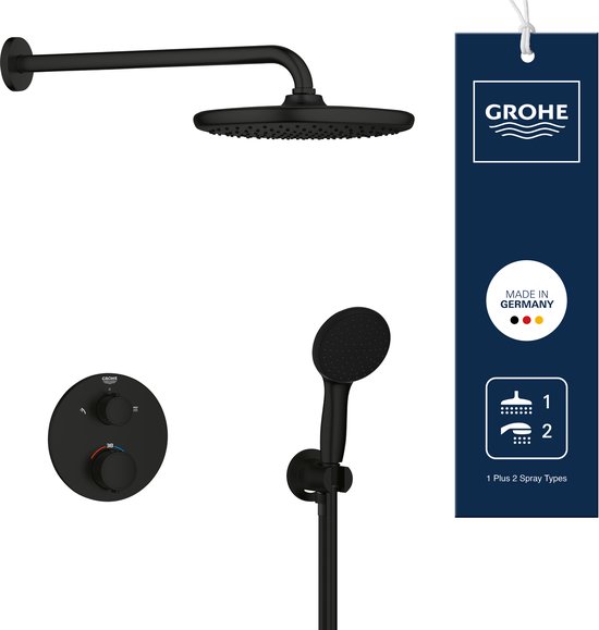 Grohe inbouw douchesysteem in matzwart met hoofddouche, handdouche en thermostaat.