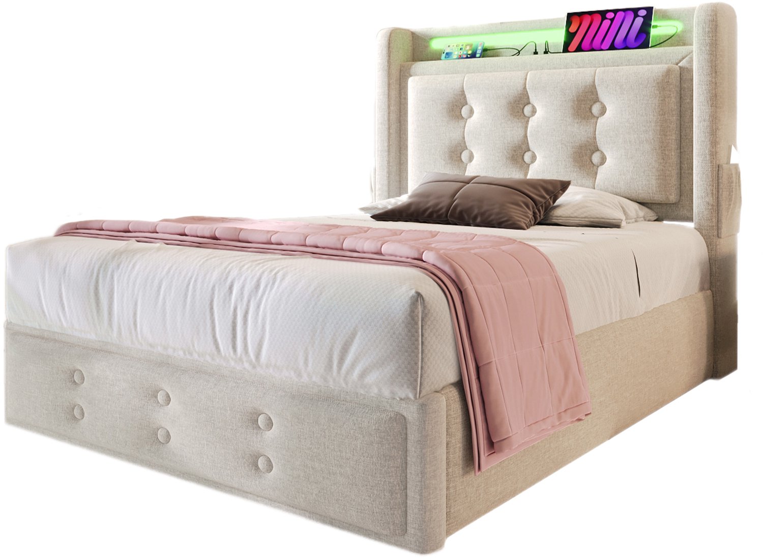 Welltin Eenpersoonsbed 90x200 cm - gestoffeerd bed met LED-hoofdbord - USB-C en stopcontacten - hydraulische opbergruimte – slaapkamer – 91x222x109 cm – beige