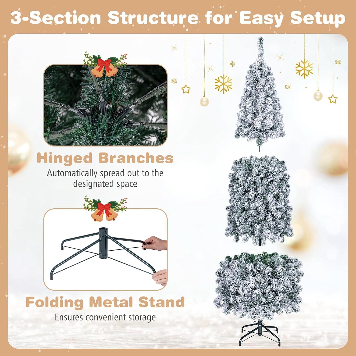 COSTWAY Smalle Kunstkerstboom 180 cm - Potloodkerstboom met 250 Warmwitte LED-lampjes - 500 Takken - Sneeuweffect - Metalen Standaard - Groen en Wit – foto 2
