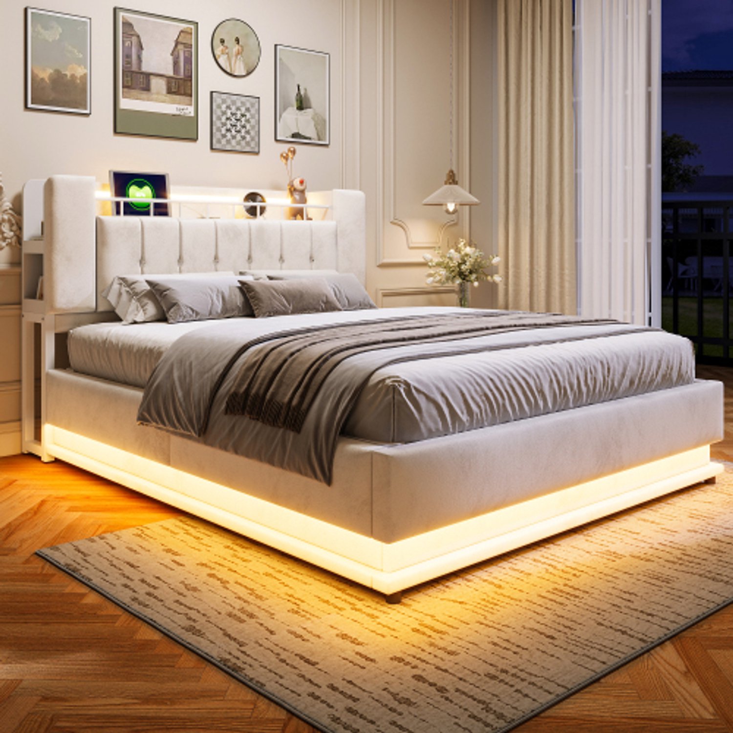 OOIILLEE Slim gestoffeerd bed 160 x 200 cm met LED-verlichting, USB- en hydraulische opbergruimte, zachte fluwelen hoes en metalen frame Beige