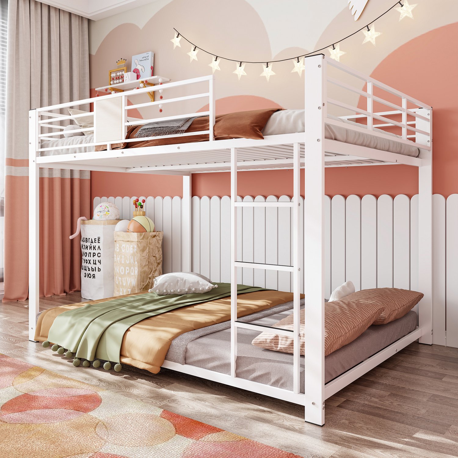 Clruro Stapelbed - 140x200 cm - Laag Model 145 cm - Ladder Links/Rechts - Metaal - Wit/Donker Walnoot Wit + Diep walnoot