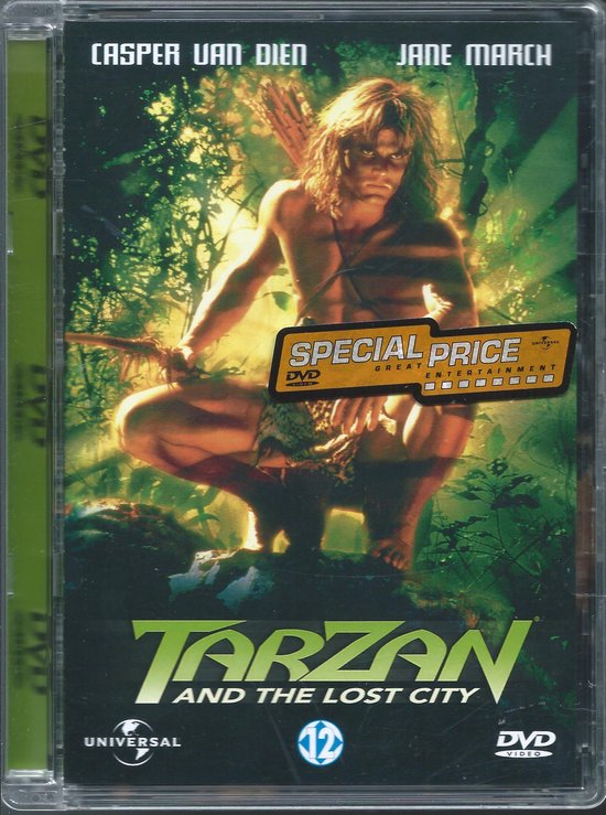 DVD-hoes Tarzan and the Lost City met een gespierde man in een jungle en een 'Special Price' sticker.