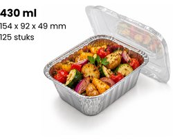 Aluminium bakjes 430 ml met PET-deksel – 125 stuks – Extra stevig aluminium 66 µm – 154 x 92 x 49 mm