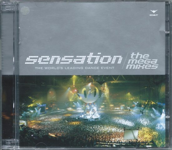 CD-hoes van Sensation The Mega Mixes met een grijs bovenste deel en foto van een grootschalig dance-evenement.