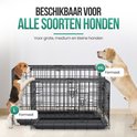 Zwarte metalen hondenbench in L en XXL formaat met een beagle en labrador.