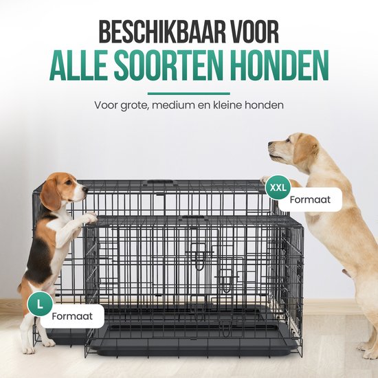 Zwarte metalen hondenbench in L en XXL formaat met een beagle en labrador.