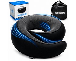ORIGIN™ Nekkussen Memory Foam – Ergonomisch Reiskussen – 360° Nekondersteuning – Verstelbaar – Wasbare Hoes – Inclusief Draagzak – 77×13×8 cm – Zwart