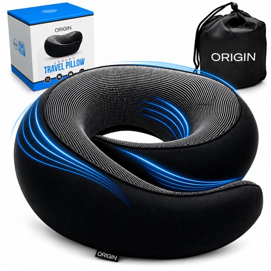 ORIGIN™ Nekkussen Memory Foam – Ergonomisch Reiskussen – 360° Nekondersteuning – Verstelbaar – Wasbare Hoes – Inclusief Draagzak – 77×13×8 cm – Zwart