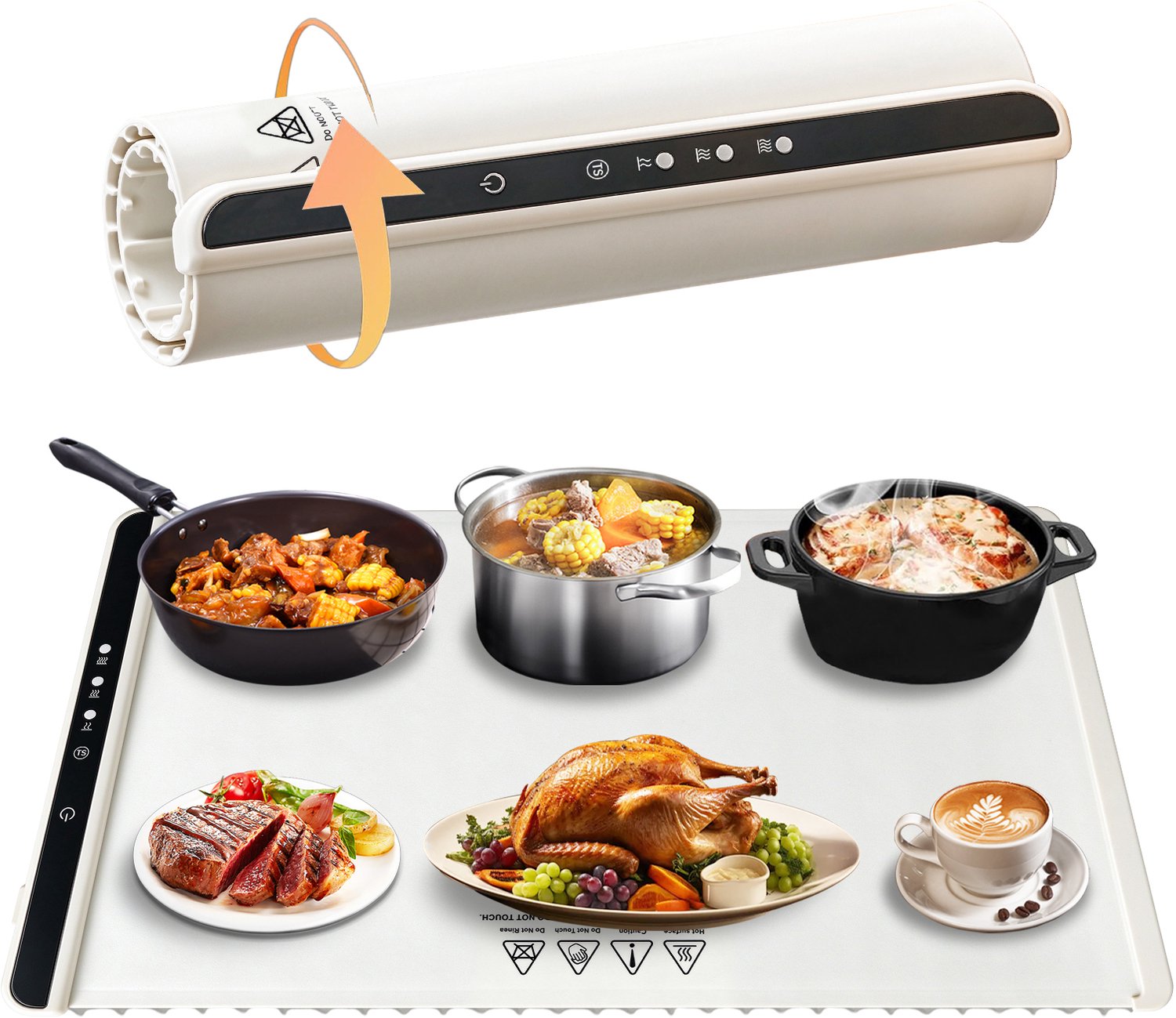 Elektrische warmhoudmat voor eten - 65 x 38 cm - 6 warmtestanden - timer en kinderslot - inclusief hittebestendige onderlegger - gebroken wit