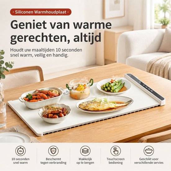 Elektrische warmhoudmat voor eten - 65 x 38 cm - 6 warmtestanden - timer en kinderslot - inclusief hittebestendige onderlegger - gebroken wit — afbeelding 2