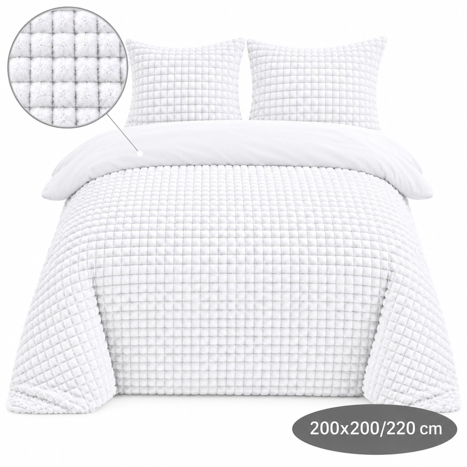 Roden Blue - Popcorn fleece dekbedovertrek set - 200x200/220 cm - Wit - Zacht - Anti-allergeen - Wasbaar