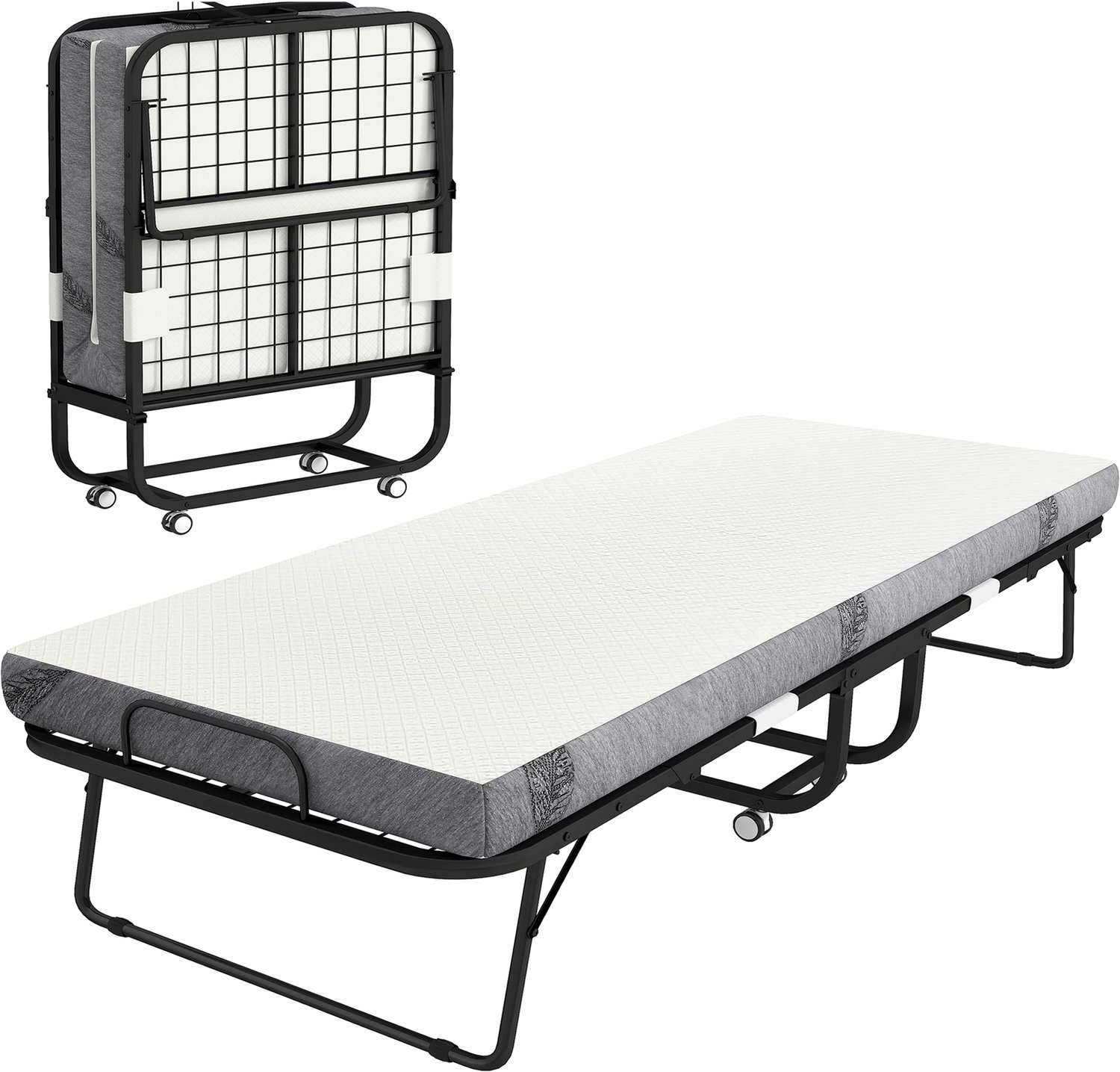 Logeerbed - opvouwbaar bed -reisbed met wielen- matras en staal - wit en zwart - Logeerbed 90x200 cm